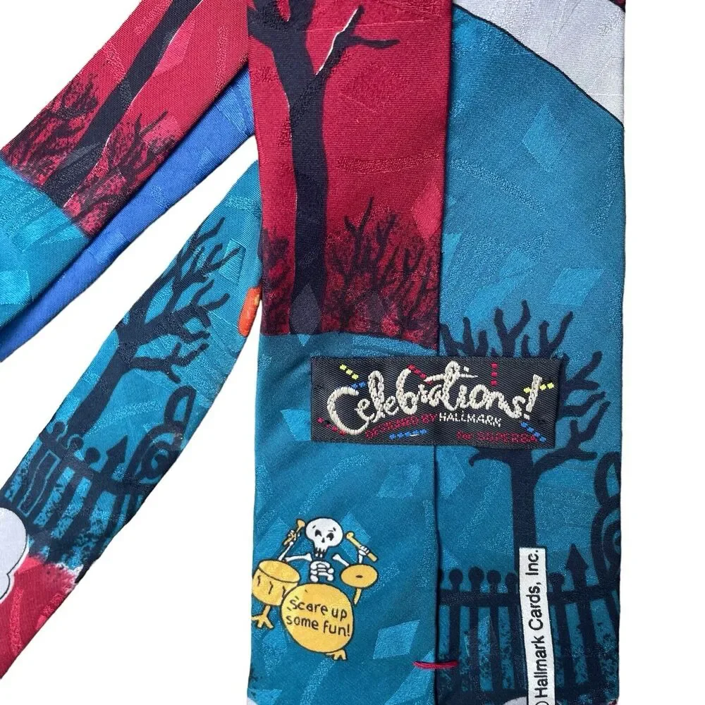 Hallmark Celebrations‎ Mens Halloween Neck Tie Trumpet Playing Skeletons Dogs